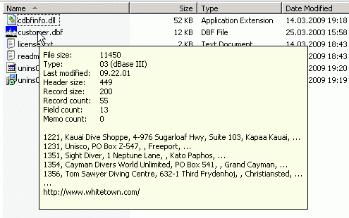 CDBFinfo Shell extension allows you to view brief information about a DBF files.