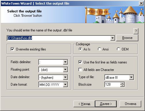 Allows you to convert your csv (comma-separated value) files to dbf format.