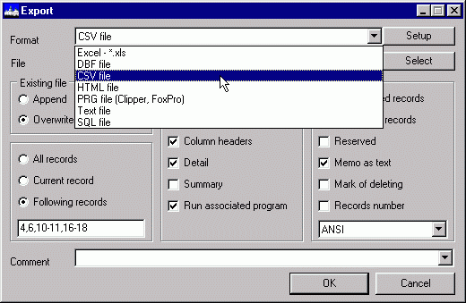 Export dialog allows you to export information to different formats: TXT, CSV, XLS, SQL, XML, PRG, DBF, HTML