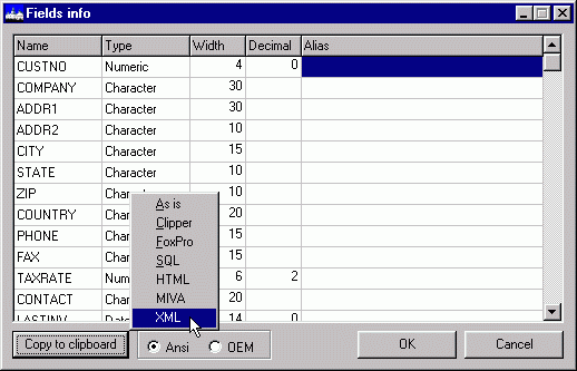 Information about fields of database. You can copy structure of a database to the clipboard using different formats.